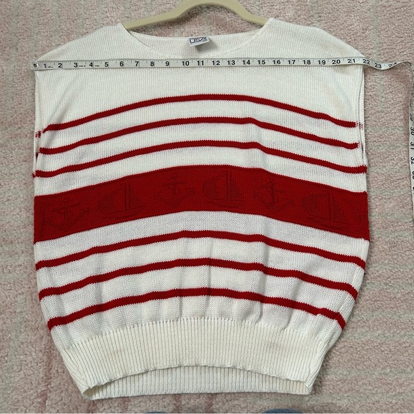 Vintage Cream Red Nautical Striped Sleeveless Sweater Size Large Sailboat Anchor - Picture 5 of 11